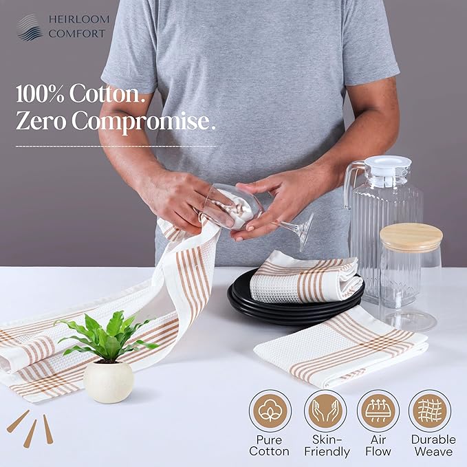 Brown and White Cotton Kitchen Towels 12 Pack, Waffle Weave, 16x26 Inch, Super Absorbent, Reversible, Quick Dry Dishcloths for Drying Dishes, Cleaning, Reusable, Everyday Use