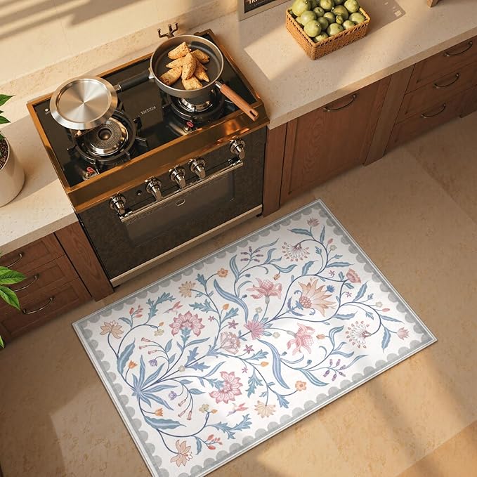 Lahome Boho Floral 2x3 Small Bathroom Rugs Non Slip Washable, Grey/Beige Kitchen Rugs for Entryway, Soft Indoor Carpet Throw Rug for Laundry Indoor Door Mat (Grey/Beige,2x3)