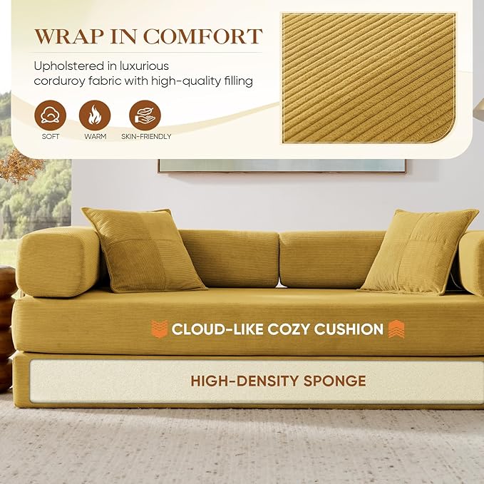 Antetek Convertible Futon Sofa Bed, 3-Seater Modern Corduroy Foam Floor King Size Bed Foldable Sleeper Lounge Loveseat Sofa Couch with 2 Throw Pillows for Living Room Bedroom Guest Room, Yellow