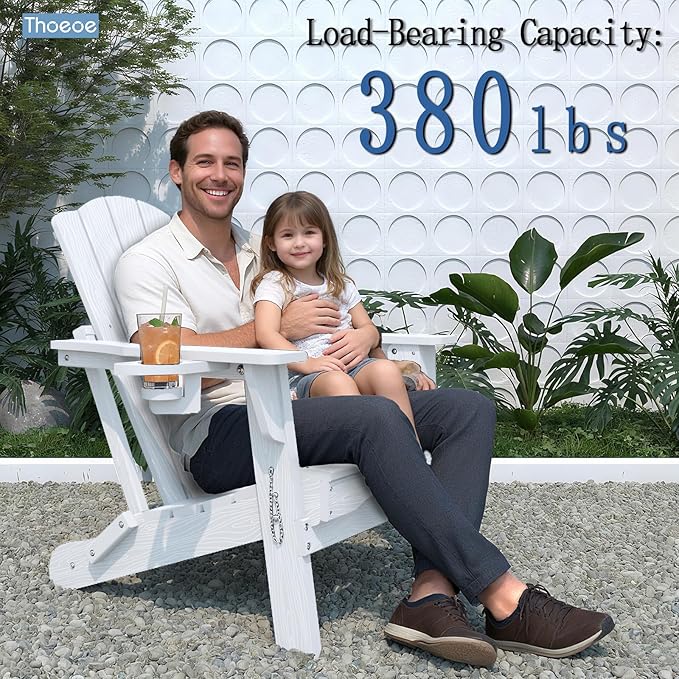 Adirondack Chair Set of 2, Folding All-Weather Outdoor HDPE Patio Chair with Cup Holder, White