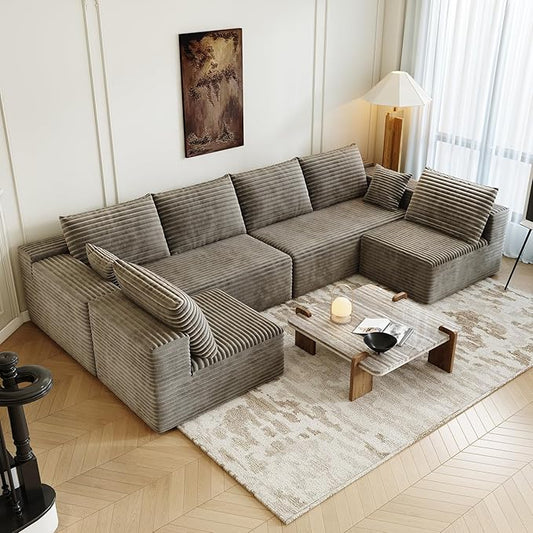 139.4" Modular Sectional Sofa, U-Shaped Minimalist Couches with 2 Middle Seats, Modern Deep Seat Convertible Sleeper Sofa Bed,Cloud Plush Corduroy Fabric, No Assembly Required, 6 Seater, Camel