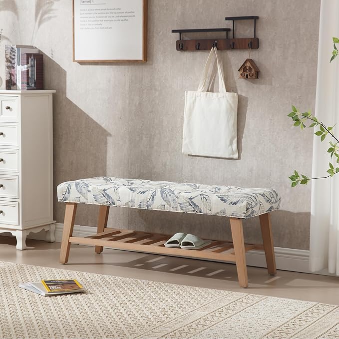 Kmax Entryway Bench with Shoe Storage, Upholstered Wood Storage Bench for Living Room Window Bench with Storage for Bedroom End of Bed - Linen, Floral Pattern