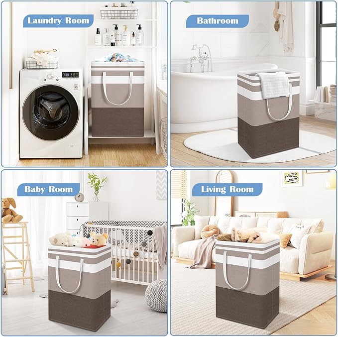 BlissTotes 3-Pack Laundry Basket, Freestanding＆Waterproof Laundry Hamper, Collapsible Tall Clothes Hamper with Easy Carry Handles for Clothes, Towels in the Family and Dorm,Gradient Khaki,100L