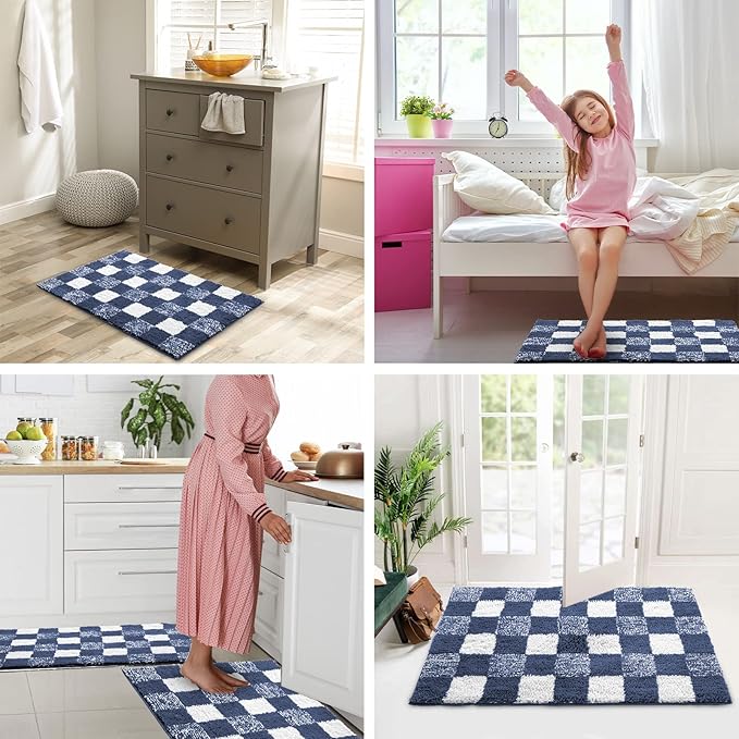 CozeCube Bath mats for Bathroom Non Slip, Fluffy Absorbent Microfiber Bath mat Washable, Aesthetic Bathroom Rugs, Cute Navy Blue Checkered Bath mat, Navy Blue, 32" x 20"
