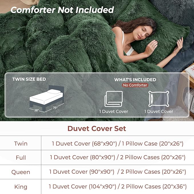 Sasttie 2-Piece Fluffy Duvet Cover Twin/Twin XL, Ultra Soft Faux Fur and Velvet Sage Comforter Cover, Luxury Fuzzy Bedding Sets for Winter Bed, Includes 1 Duvet Cover and 1 Pillowcase, No Comforter