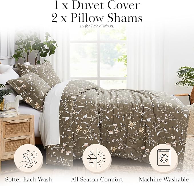 Southshore Fine Living, Inc. Floral Duvet Cover, Queen Size/Full Size - Hotel Quality Full/Queen Bedding Set, Easy Care - 1 Duvet Cover Full/Queen, 2 Pillow Shams - Secret Meadow Olive-Brown