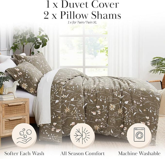 Southshore Fine Living, Inc. Floral Duvet Cover Twin/Twin XL Set - Premium Quality Microfiber Twin/Twin XL Bedding Sets, Easy Care - 1 Twin Duvet Cover, 1 Sham - Secret Meadow Olive-Brown