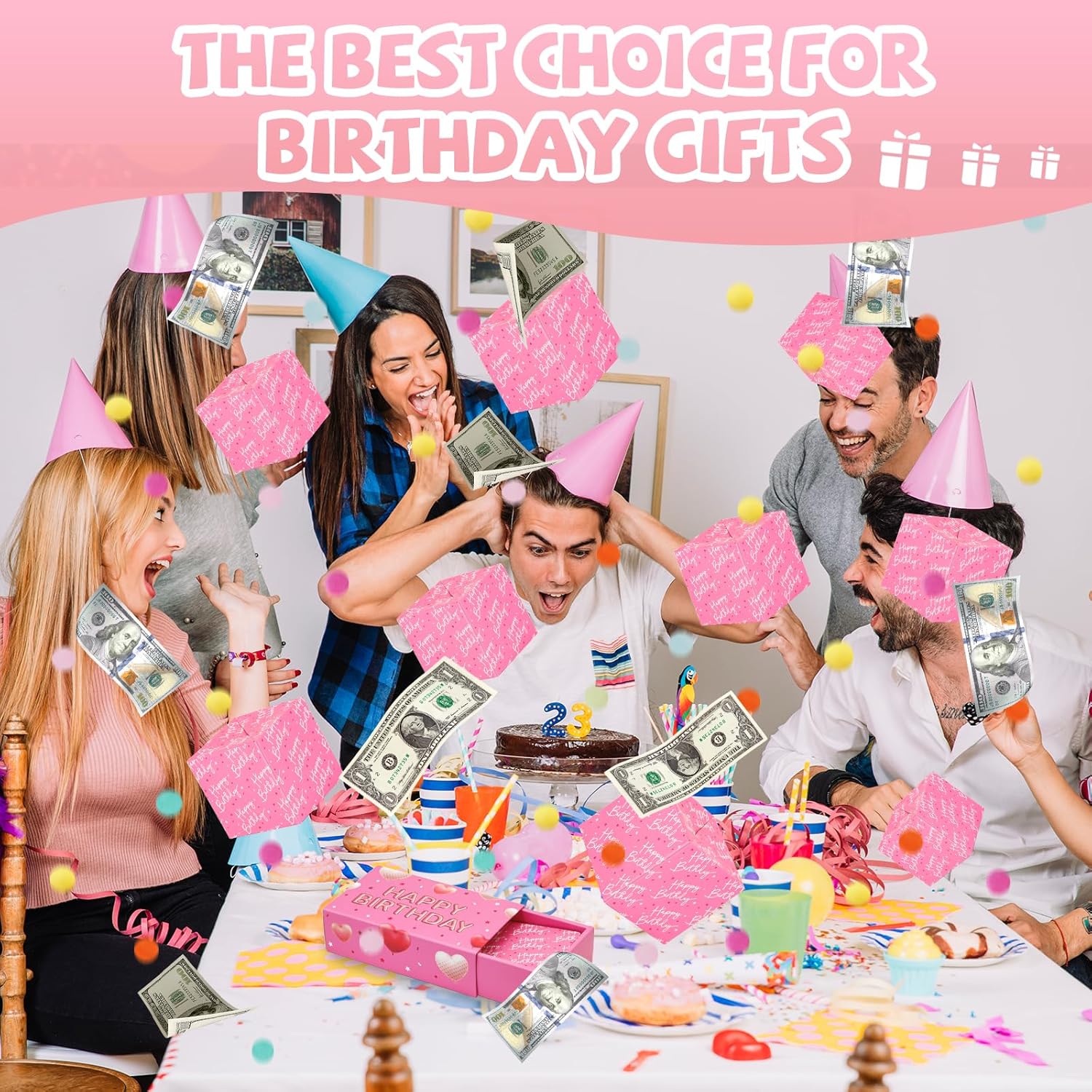 Happy Birthday Surprise Gift Box Explosion for Money - DIY Pop Out Folding Bounce Explosion Gift Box with Confetti - Birthday Money Bank - Cash Gift Idea for Women Men Kids (Pink)