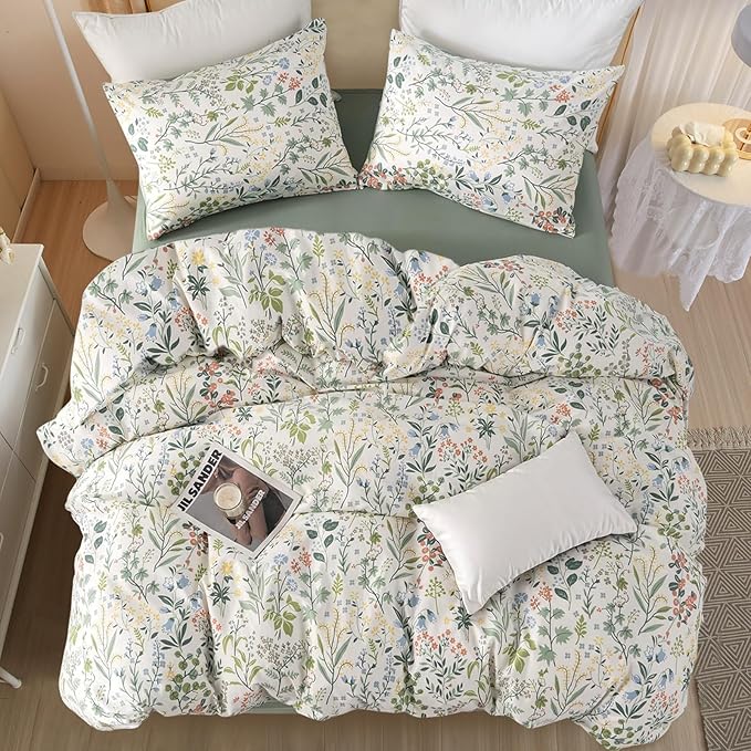 MKXI Garden Floral Comforter Set White Botanical College Bedding Queen Size for Coquette Aesthetic Plants Flowers Pattern Comforter for Women Teen Girls