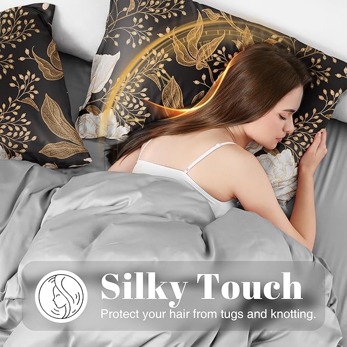 EXQ Home Satin Pillowcase for Hair and Skin Queen - Peony Printed Standard Silk Pillowcase 2 Pack 20x26 inches - Satin Pillow Cases Set of 2 with Envelope Closure, Gifts for Women