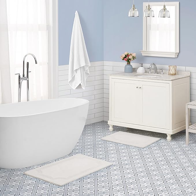Laura Ashley - Reversible Cotton Bath Mat, Premium Bathroom Décor, Machine Washable Bathroom Rug, Highly Absorbent, 17"x24"/20"x32" 2-Piece Set, White