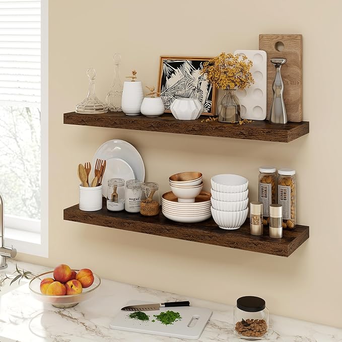 36 Inch Floating Shelves, 9.3" Deep Floating Shelf Wall Mounted, 36" Wall Shelves, Rustic Deep Bookshelf, Large Display Shelves & Storage Shelves for Bedroom, Living Room, Brown, Set of 2