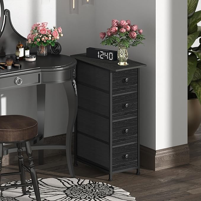 GiftGo Narrow Dresser Vertical Slim Dresser Chest of Drawers Skinny Storage Tower for Small Spaces Gaps Closet Bedroom Bathroom Small Fabric Drawer Unit (Charcoal Black, 4 Drawers)