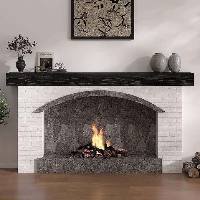 Dreamland 72 X 8 X 5 Fireplace Mantel - Solid Rustic Wood Wall Mounted Floating Shelf - Handcrafted Wood Fireplace Mantels - Floating Fireplace Mantel - Black