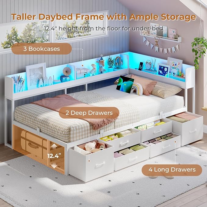 VIAGDO Corner Bed Frame with Storage Bookcase and 6 Drawers, Twin Metal Platform Corner Bed Frame with LED Lights and Charging Station, Twin Daybed for Kids Teenagers, White