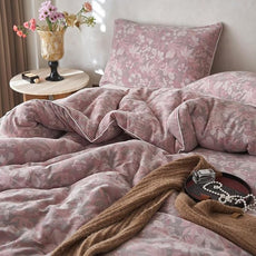 MKXI Double Layer Muslin Cotton Comforter Set Farmhouse Old Pink Floral Comforter Full Size Shabby Chic Bedding Comforter Set Soft Breathable French Country Bed Comforter for All Season
