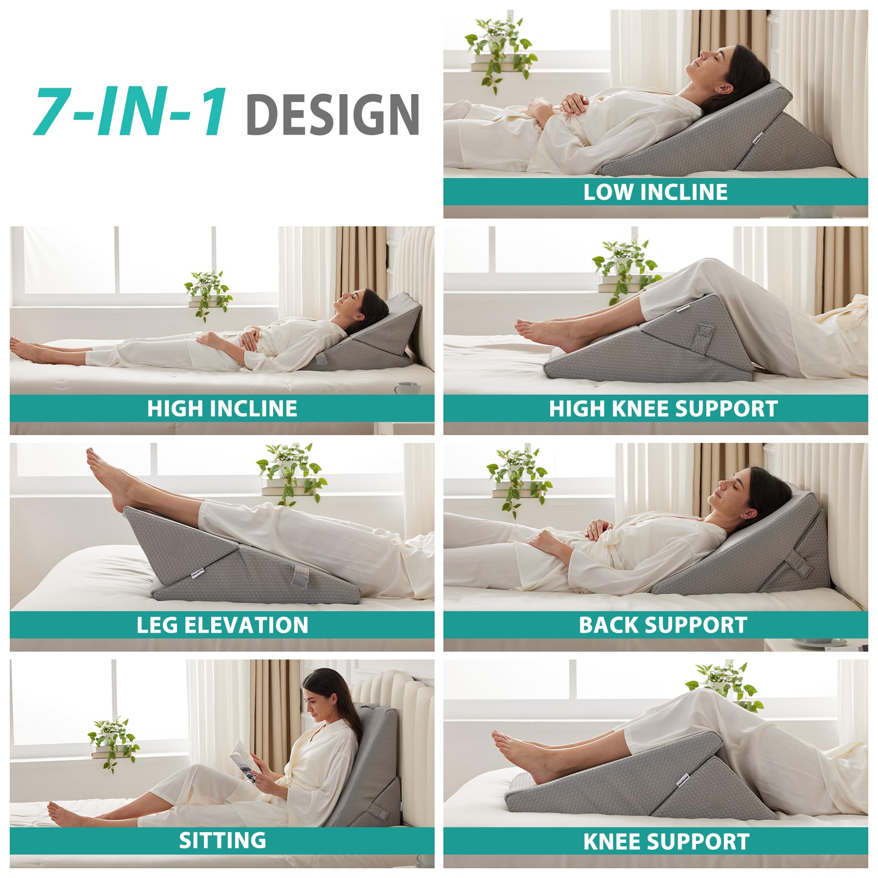Bedluxe Wedge Pillow Headboard, 3PCS Orthopedic Bed Wedge Pillows Set for After Surgery, Adjustable Pillow Wedge for Acid Reflux&Back Pain Relief, Sleeping, Back Pillow for Bed Sitting Up, White/Grey Dormly
