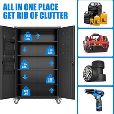 2025 Upgraded Wide & Deep Garage Storage Cabinet with Wheels, Lockable Metal Storage Cabinet with Pegboards and 9 Hooks, 2 Tool Pouches for Garage,4 Adjustable Shelves (Black,43''W x 22''D x 72''H)