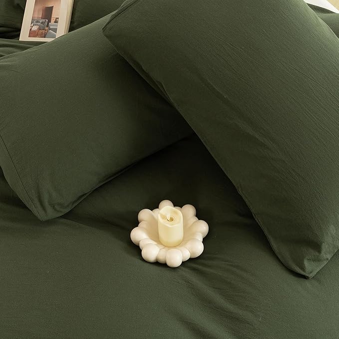 ECOCOTT 3 Pieces Duvet Cover Set Full Size 100% Washed Cotton 1 Cover with Zipper and 2 Pillowcases, Ultra Soft and Easy Care Breathable Cozy Simple Style Bedding Set (Avocado Green)