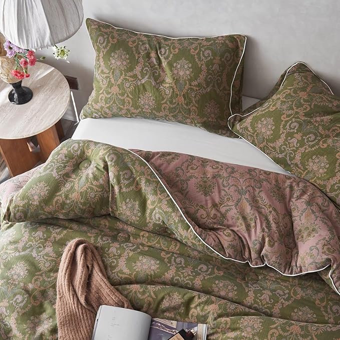 MKXI Floral Linen Comforter Set King Army Green Vintage Paisley Comforter Bedding for Neutral Bedroom Rich Rust Jacquard Floral Bed Comforters for Men Women Cotton Yarn-Dyed Textured Soft Lightweight
