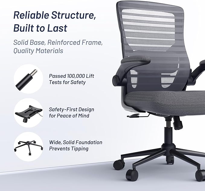 Office Desk Chair for Long Hours & Lower Back Pain Relief – 4“ Thick Molded Foam Cushion, Enhanced Lumbar Support, Padded Flip-up Armrests, Dark Gray