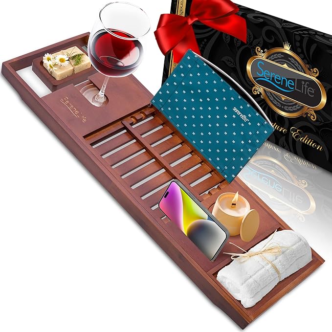 SereneLife Premium Bathtub Tray Caddy with Gift Box and Bow Set, Expandable Bath Tray, Unique House Warming Gifts for Mom, Women, Wedding, Anniversary, Bridal Shower, Fit for All Tub - Stain Brown