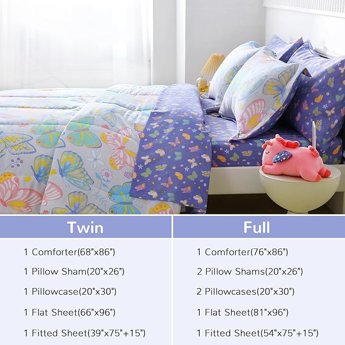 Viviland Kids Twin Bedding Sets for Girls, Soft Twin Comforter Set with Sheets, 5 Pieces Microfiber Bed in a Bag, Colorful Butterfly