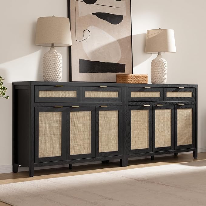 SICOTAS Rattan Sideboard Buffet Cabinet with Storage, Boho Credenza Accent Cabinet with 3 Doors and 2 Drawers, Farmhouse Console Coffee Bar Cabinets for Kitchen Living Room Entryway, Black Oak, 2 PCS
