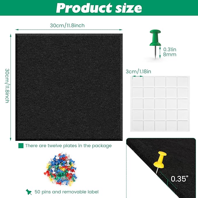 Large Cork Board Alternative - 11.8"x11.8"x0.35" 12 Pack Felt Wall Tiles Self-Adhesive Safe Removable Large Corkboard Bulletin Board Felt Cork Board for Walls Cork Board for Office 48 x 36-Black