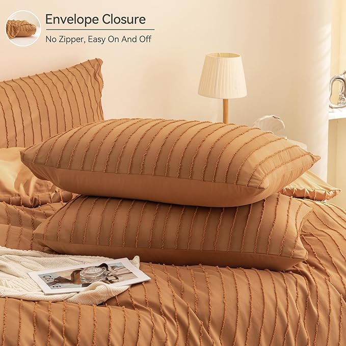 JELLYMONI Duvet Cover Queen Size Rust - 3PCS Boho Striped Duvet Cover Set Polyester Tufted Bohemian Textured Comforter Cover 90×90in with Corner Ties & Zipper and 2 Pillowcases