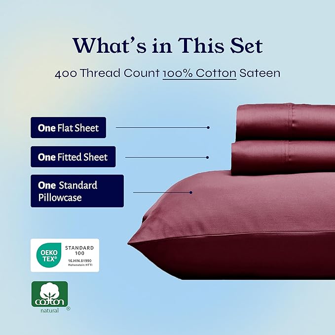 California Design Den Twin Sheets Set - Soft 400 Thread Count Sateen, Natural 100% Cotton Sheets with Deep Pockets, and Durable Bedding Set - Burgundy Red CaliforniaDesignDen