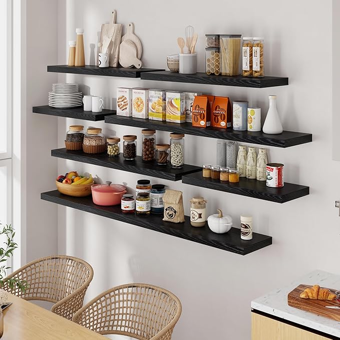 Fun Memories 55 Inch Floating Shelves for Wall, 55x9.3 Large Floating Shelf for Bedroom, Kitchen, Bathroom, Wall Mounted Rustic Wood Shelves with Invisible Bracket for Books, Decor, Black