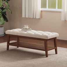 LEILISI Entryway Shoe Bench with Storage, End of Bed Bench, Linen Upholstered Button-Tufted Seat Bench with Solid Wood Frame for Living Room, Bedroom (Beige, 43.3'')