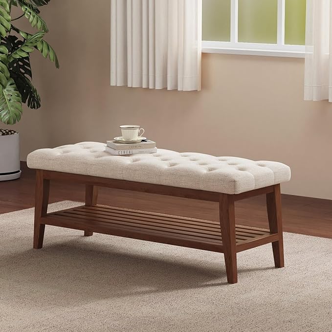 LEILISI Entryway Shoe Bench with Storage, End of Bed Bench, Linen Upholstered Button-Tufted Seat Bench with Solid Wood Frame for Living Room, Bedroom (Beige, 43.3'')