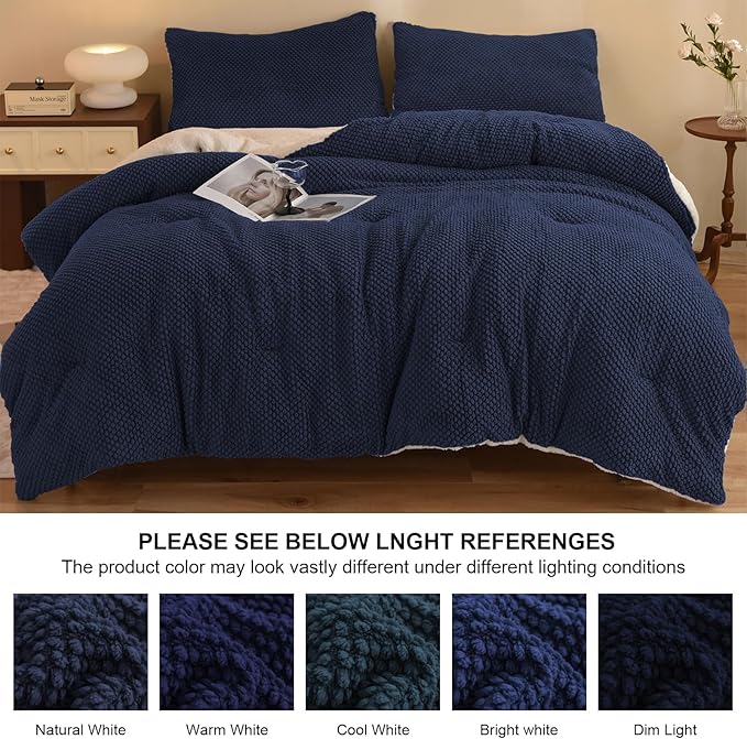 3D Jacquard Design Comforter Set, Ultra-Soft Warm King Size Sherpa Fur Plush 3-Pieces Sets Luxury Cozy Bedding with 2 Pillowcases (104"x90", Navy Blue)