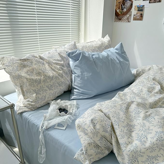 mixinni Blue Floral Duvet Cover Twin XL Size - 100% Cotton Soft Boho Comforter Cover with Zipper Closure 4 Ties, 3-Piece Vintage Aesthetic Botanical Bedding Set with 2 Pillowcases, All Season Bed Set