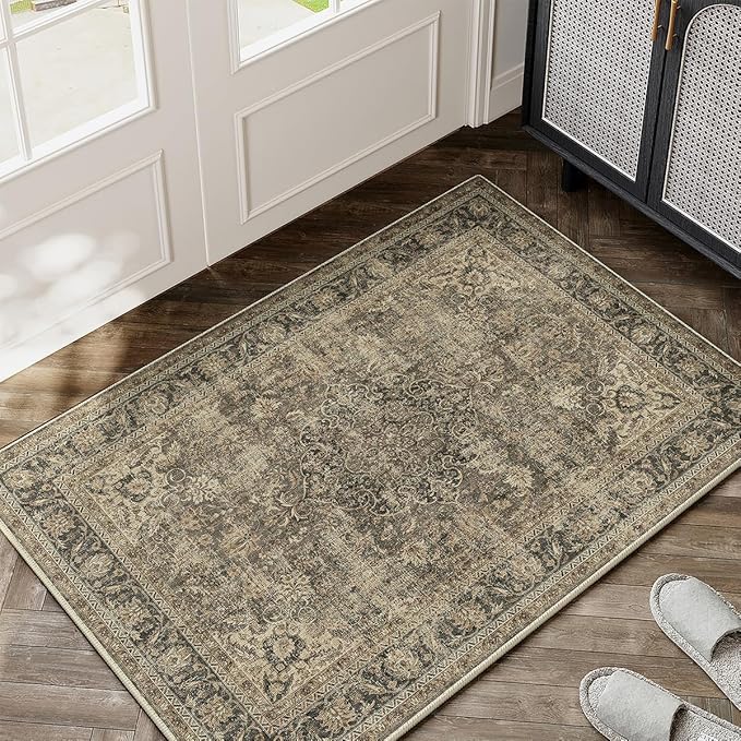 2x3 Washable Brown Area Rug Vintage Entryway Kitchen Carpet Non-Slip Soft Low Pile Distressed Indoor Small Throw Rug for Bedroom Bathroom Entrance