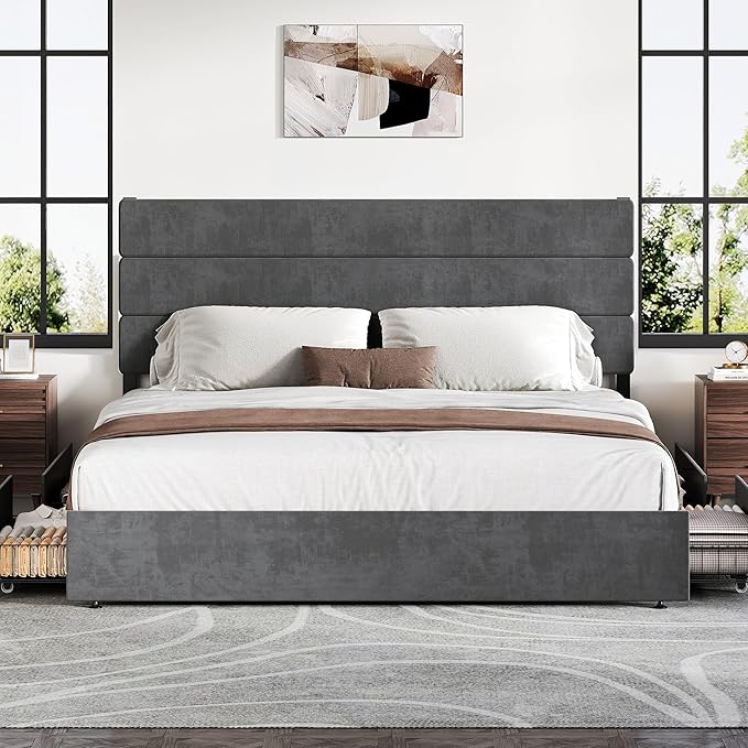 WLIVE King Size Upholstered Bed Frame with 4 Storage Drawers and Headboard, Velvet Platform Bedframe, Sturdy Metal & Wooden Slats Support, No Box Spring Needed, Easy Assembly, Dark Grey