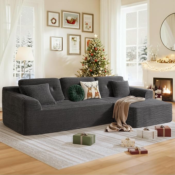 VASAGLE 108.3 Inches Boneless Couch with Chaise, Modular Sectional Sofa, Modern Cloud Couch with Deep Seat, L-Shape Corduroy Sofa for Living Room, Right-Facing Chaise, Bedroom, Slate Gray ULCS182GN01