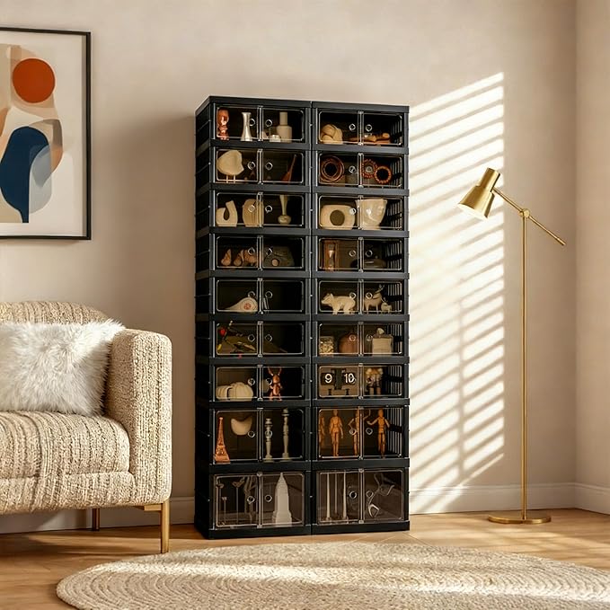 Foldable Shoe Organizer Storage Box Set of 2, Portable Extra Large Folding Shoe Rack for Closet, Shoe Storage Box with Magnetic Transparent Door and Wheels, 9 Layers 18 Grids with 4 Big Grids