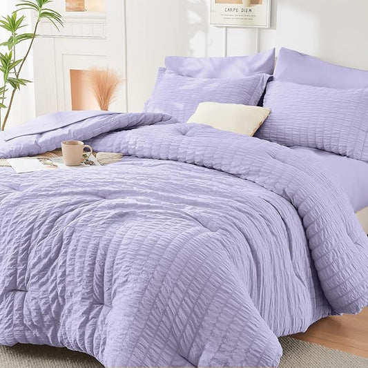 HYMOKEGE Light Purple Full Size Comforter Sets Seersucker 7 Pieces, All Season Luxury Bed in a Bag for Bedroom, Bedding Set with Comforter, Sheets, Pillowcases & Shams