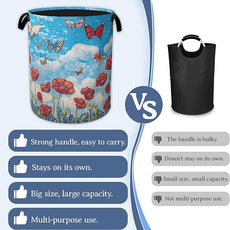 Vintage Poppy Flowers Laundry Basket,Foldable Waterproof Oxford Cloth Tote Bag Butterfly Laundry Hamper with Handles,20.8