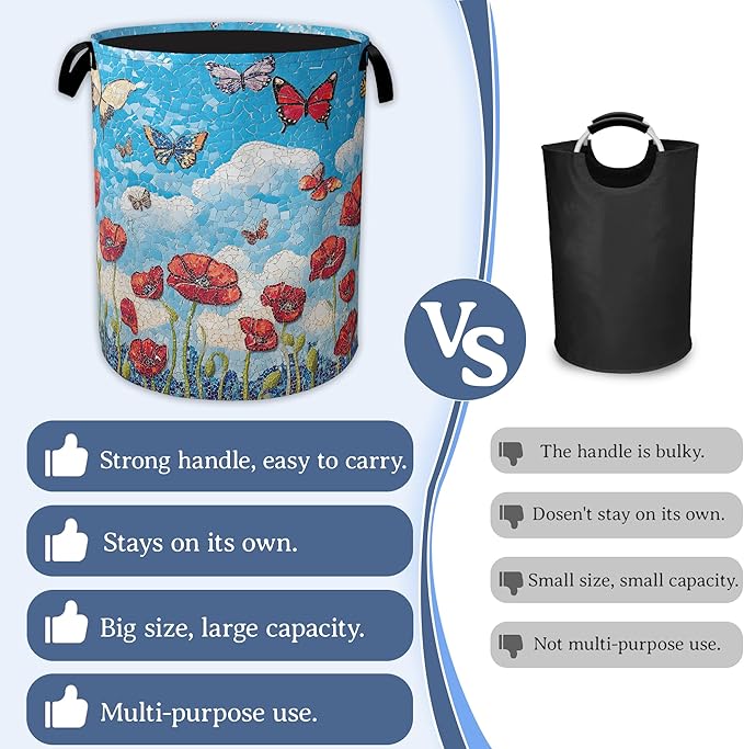 Vintage Poppy Flowers Laundry Basket,Foldable Waterproof Oxford Cloth Tote Bag Butterfly Laundry Hamper with Handles,20.8"x16" Clothes Storage Bucket Organizer for Laundry Room, Bathroom, Bedroom