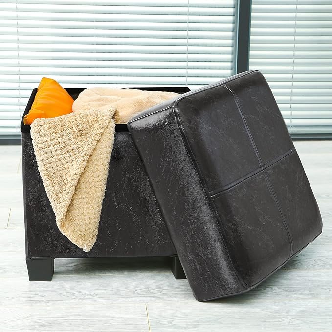 GLAXYFUR Storage Ottoman Cube Folding Footstool PU Leather Storage Bench with Legs, Storage Chest for Living Room, Bedroom, 15.7 x 15.7 x15.7 Inches, Black