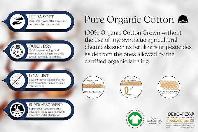 Delara 100% Organic Cotton Towels 650 GSM Plush Feather Touch Quick Dry Towel, 12-Piece Towel Set GOTS Certified, Oeko-Tex Green Certified, 1 Bath Towel, 1 Bath Sheet, 4 Hand Towels & 6 Wash Cloths