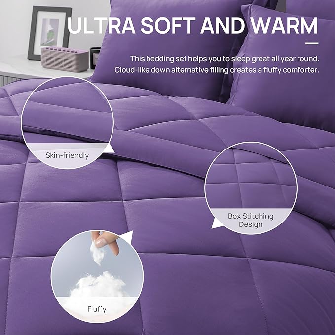 Love's cabin Queen Comforter Set Purple, 7 Pieces Queen Bed in a Bag, All Season Bedding Sets with 1 Comforter, 1 Flat Sheet, 1 Fitted Sheet, 2 Pillowcase and 2 Pillow Sham