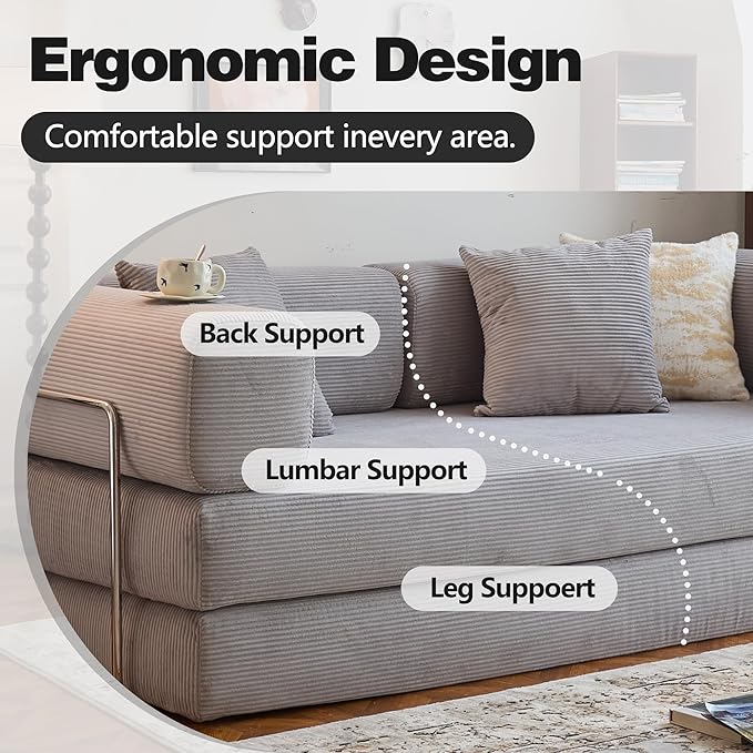 78.8" Convertible Sofa Bed - Compression Sofa with Corduroy Fabric - with Armrests and Backrest - Modular Sectional for Living Room, Bedroom, Studio - Compression Sofa in Box (Grey)