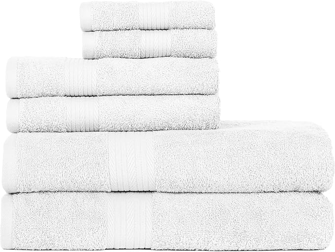 Ample Decor Bathroom Towel Set of 6-2 Hand Towel, 2 Bath Towel, 2 Wash Cloths - 600 GSM 100% Cotton - White