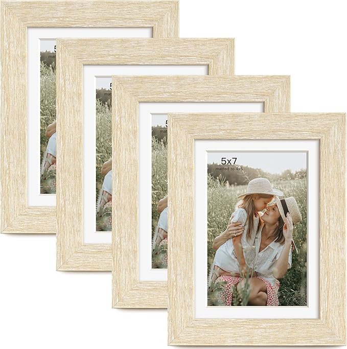 5x7 Picture Frame with Mat for 4x6, Natural Wood Grain 5 x 7 Gallery Wall Picture Frames for Tabletop or Wall Mounting(4 Pack, Natural)