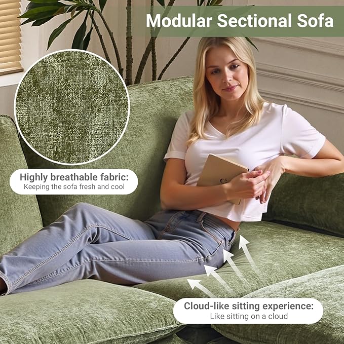 VINGLI 122" Cloud Double-Layer Deep Convertible Sectional Sofa, Comfy L-Shape 3-Seat Couches for Living Room, Modern Couch with Movable Ottoman for Small Space, Olive Green, Chenille